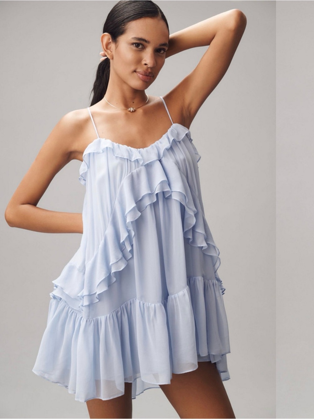 Light Blue Ruffle Tiered Spaghetti Strap Dress